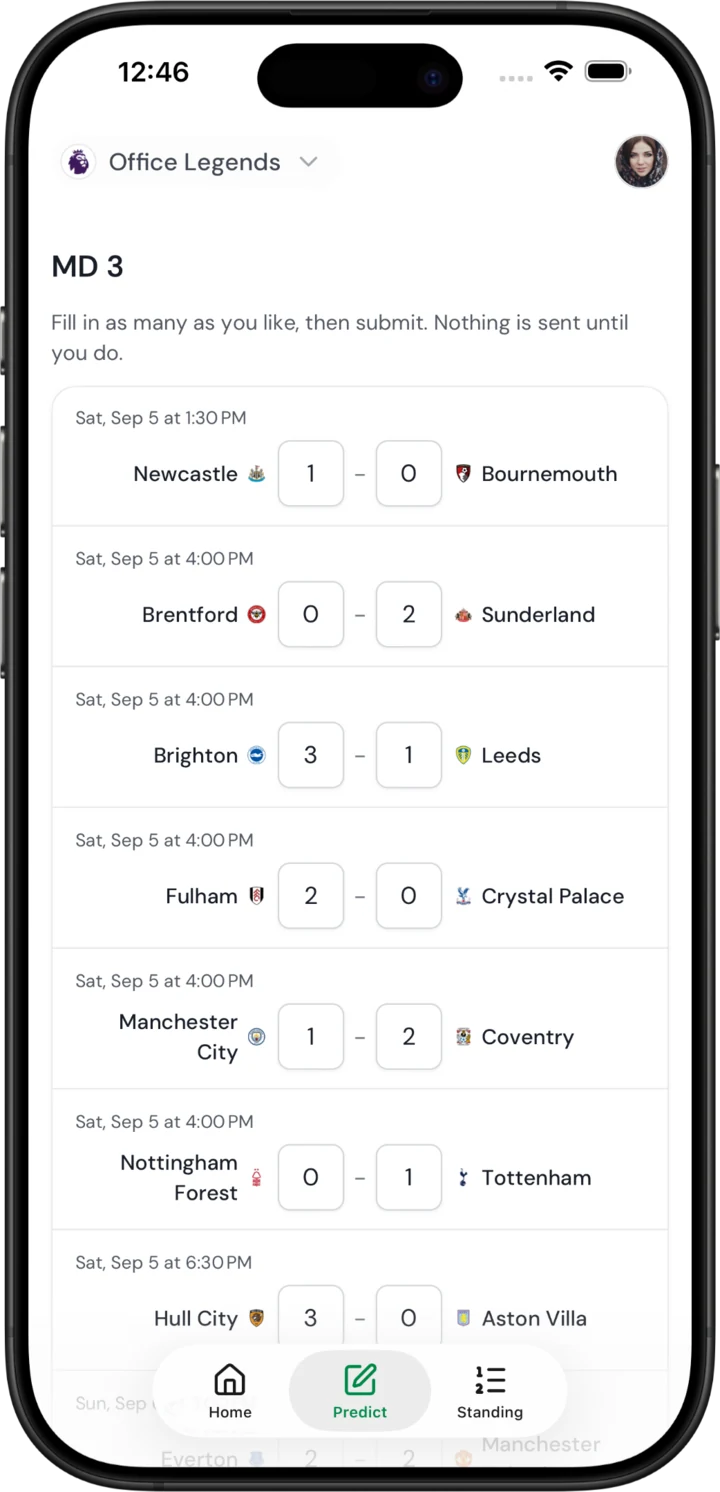 wetipp on an iPhone: the Predict screen for Matchday 3 with scorelines filled in for every Premier League fixture